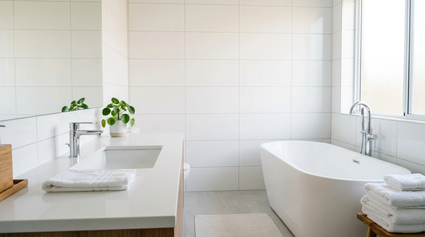 Spotless porcelain bathroom sink, tile walls, and bathtub fixtures